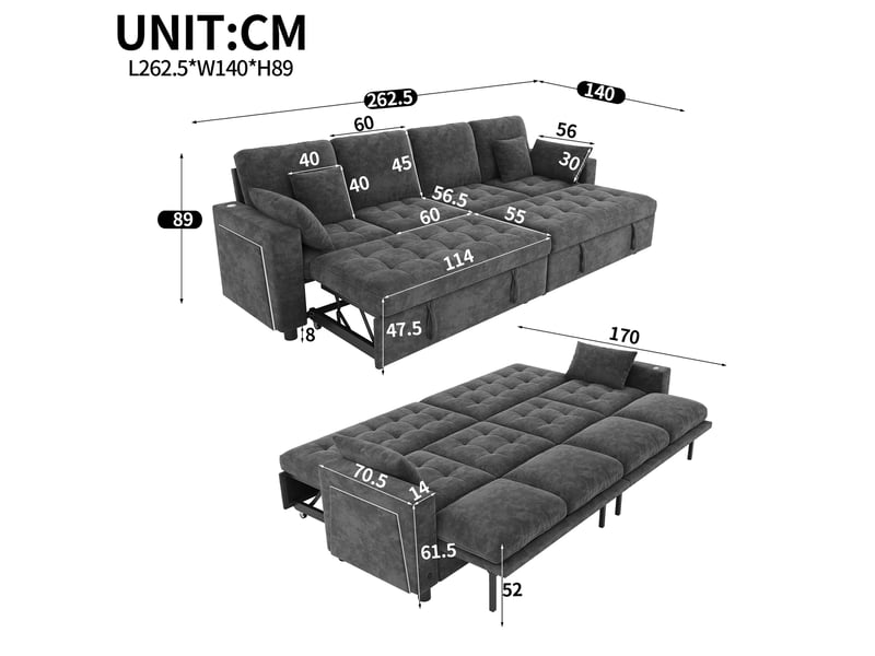Canapé d'angle convertible 4 places en l, 2 couchages coulissants, led, usbtype-c, dossier réglable, chenille gris - Conforama C