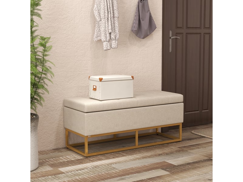  Banc banquette coffre de rangement 2 en 1 assise capitonnée et pieds acier beige et doré 110 x 44 x 48 cm  - Conforama D