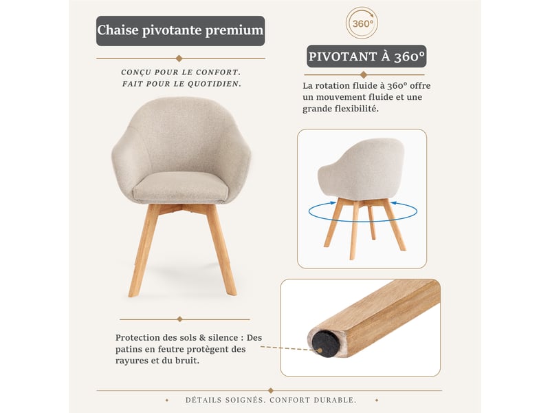  Lot de 4 chaises de salle à manger pivotantes à 360° – tissu effet lin respirant, pieds en bois massif - beige  - Conforama E