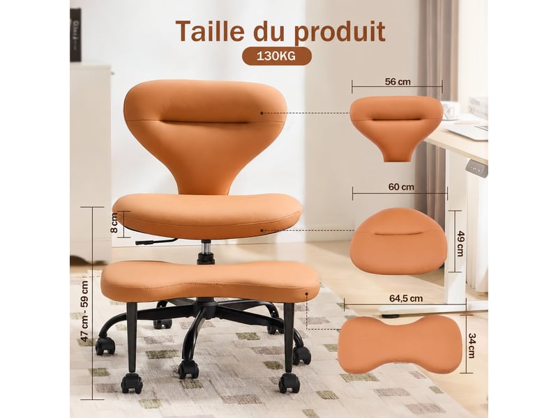  Chaise de méditation avec roulettes silencieuses, repose-pieds et hauteur réglable, 67 × 80 × 84 cm, similicuir orange  - Conforama C