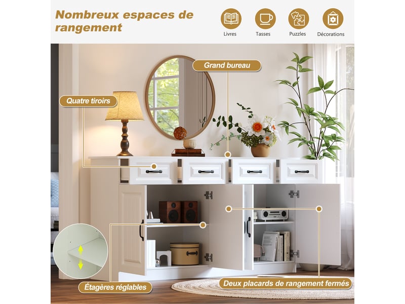  Buffet blanc 160 cm en mdf à façade rainurée, avec 4 tiroirs, 4 portes, étagères réglables et poignées métalliques noires  - Conforama R
