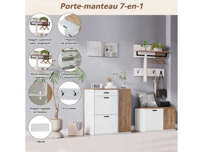  Ensemble meuble d’entrée 5 pièces, banc, miroir et 4 crochets, blanc et bois  - Conforama E