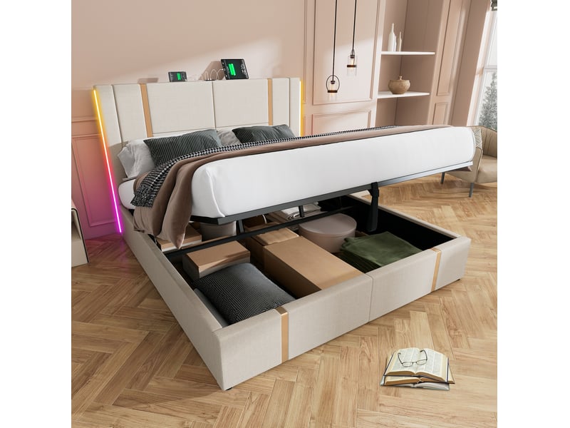  Lit double coffre 140 x 200 cm beige en lin avec matelas, led rgb, usb et type-c  - Conforama D