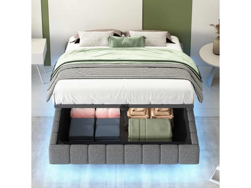  Lit coffre 140x200 cm, relevage hydraulique, led, tissu lin gris  - Conforama E