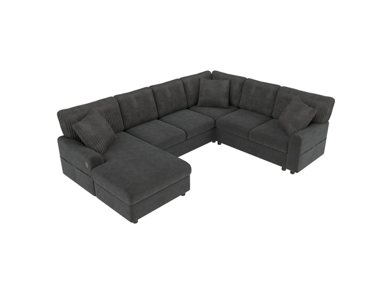  Canapé panoramique en u avec ports usb et type-c, 3 coussins, revêtement chenille et corduroy gris  - Conforama A