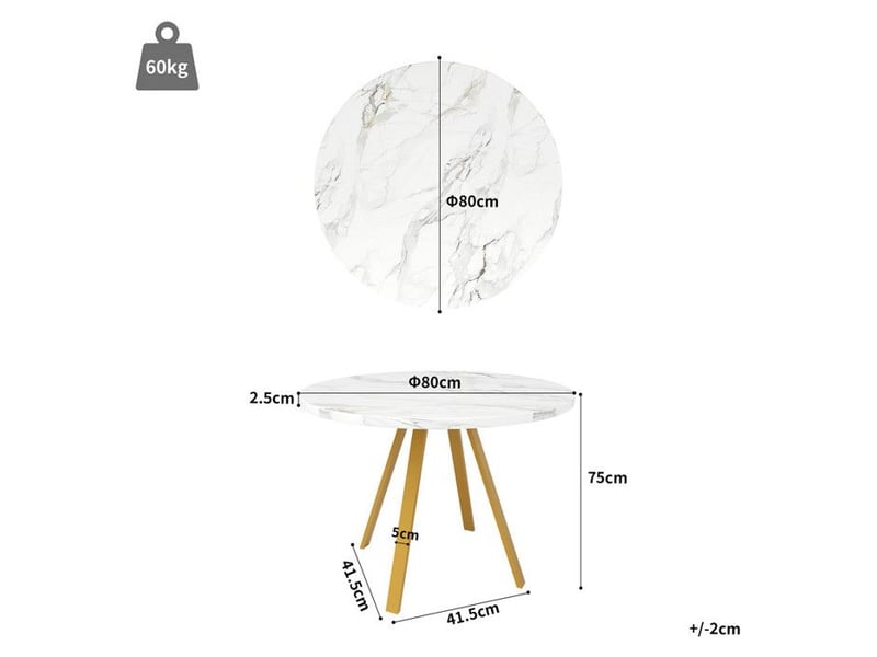  Table à manger ronde 80cm - motif marbre blanc - pieds métal dorés &amp;plateau mdf facile à nettoyer - pour 4 personnes - gain de place 80x80x75cm - Conforama E
