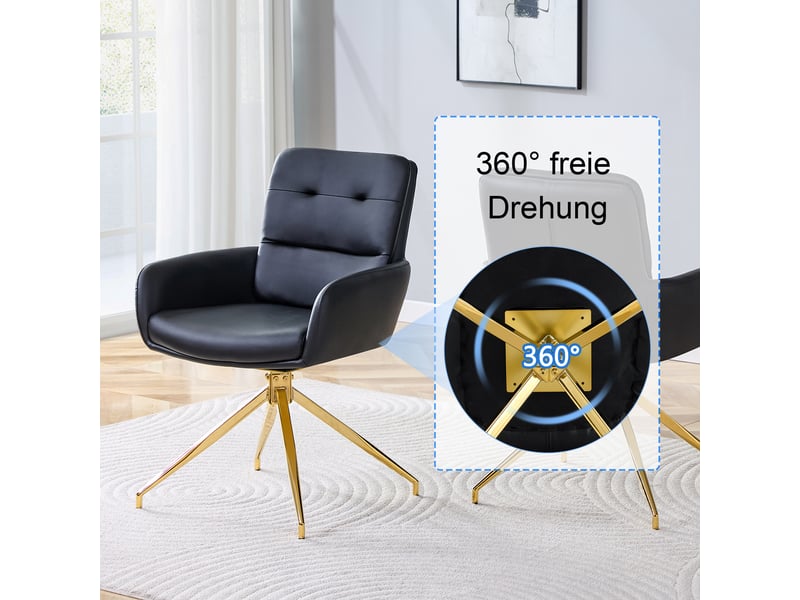 Lot de 2 chaises de salle à manger pivotantes 360°  - dossier capitonné, pieds en métal doré, pu noir  - Conforama E