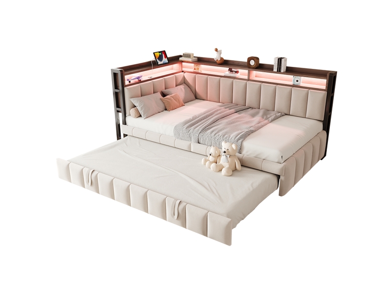  Lit gigogne enfant 90x200 cm beige velours, led réglable, rangements et ports usb type-c  - Conforama A