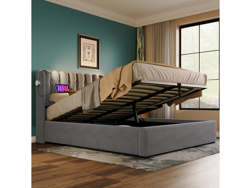 Lit simple coffre 90x200 cm - lit capitonné avec charge usb et lampe led - velours - avec matelas - gris - Conforama E