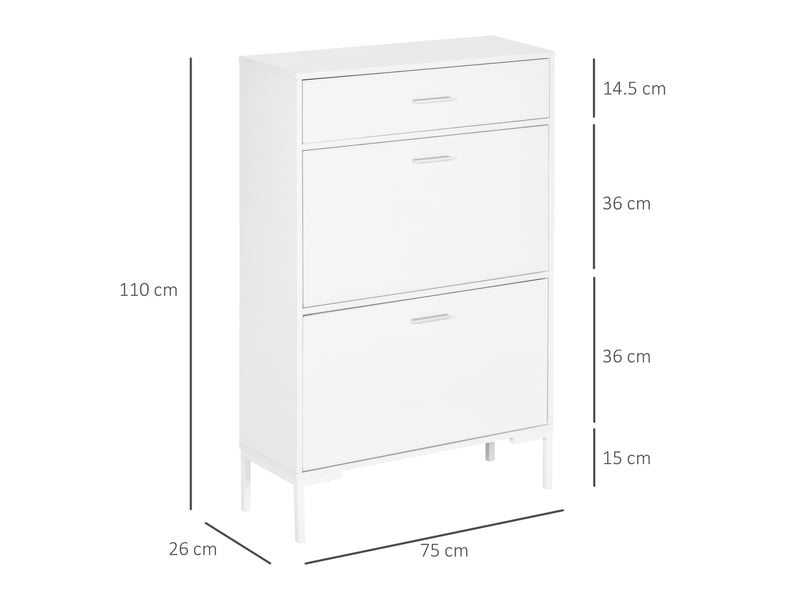  Étagère à chaussures moderne pour 12 paires de chaussures avec 2 portes abattantes et un tiroir, 76 x 26 x 110 cm, blanche  - Conforama D