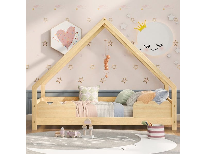  Lit enfant 90x200 cabane en bois massif – barrière de sécurité ondulée, bords arrondis, protection anti-chute – lit junior design naturel - Conforama D