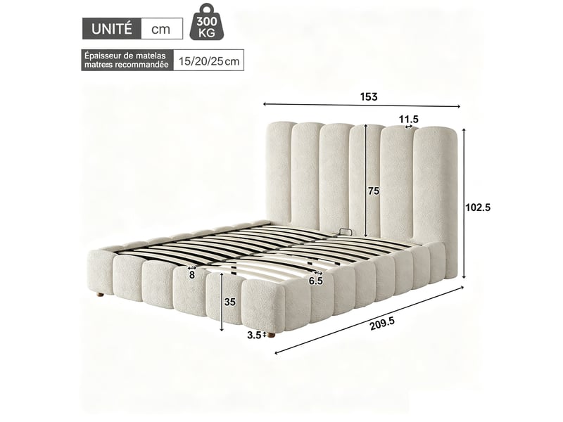  Lit double rembourré 140 x 190 cm avec coffre hydraulique, tête de lit capitonnée et pieds en bois massif, bouclé blanc  - Conforama C