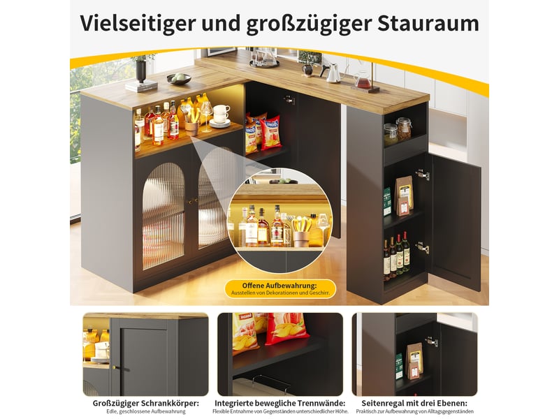  Table de bar pivotante noire 198 × 39,6 × 97 cm, plateau pivotant 360°, portes en verre strié, led blanc chaud  - Conforama E