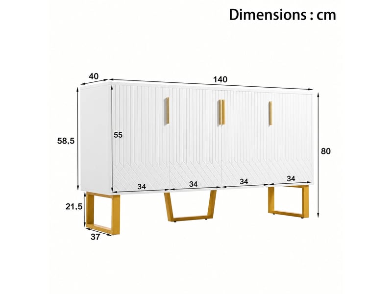 Meuble de cuisine muvano, buffet blanc brillant 4 portes à relief géométrique, 140 × 40 × 80 cm - Conforama W
