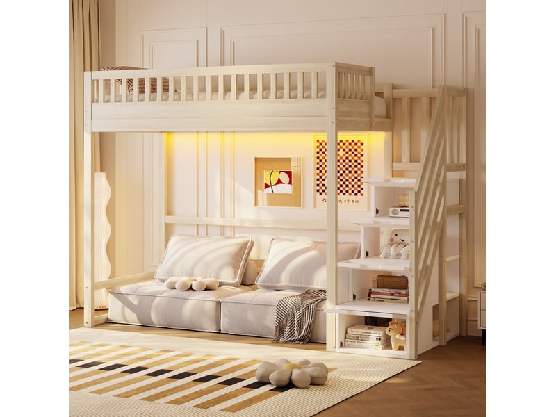 Lit mezzanine 90 x 200 cm - avec échelle de sécurité - avec barrières de sécurité - avec éclairage led - naturel (matelas non inclus)  - Conforama E