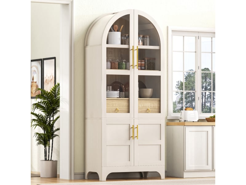  Buffet haut blanc avec étagères réglables et tiroir, verre strié, grand rangement - cuisine, salon et salle à manger  - Conforama B