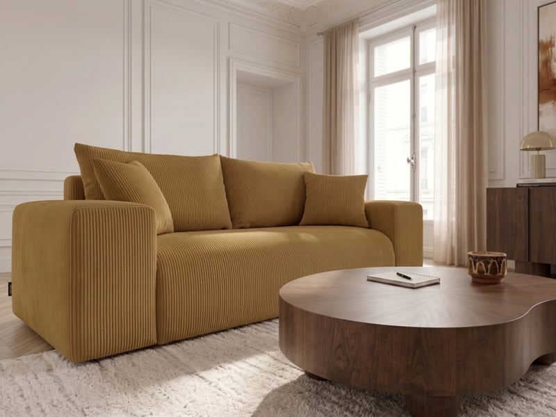  Bobochic canapé droit convertible ouverture express voltaire tissu velours côtelé jaune 140x200 VOLTAIRE - Conforama D