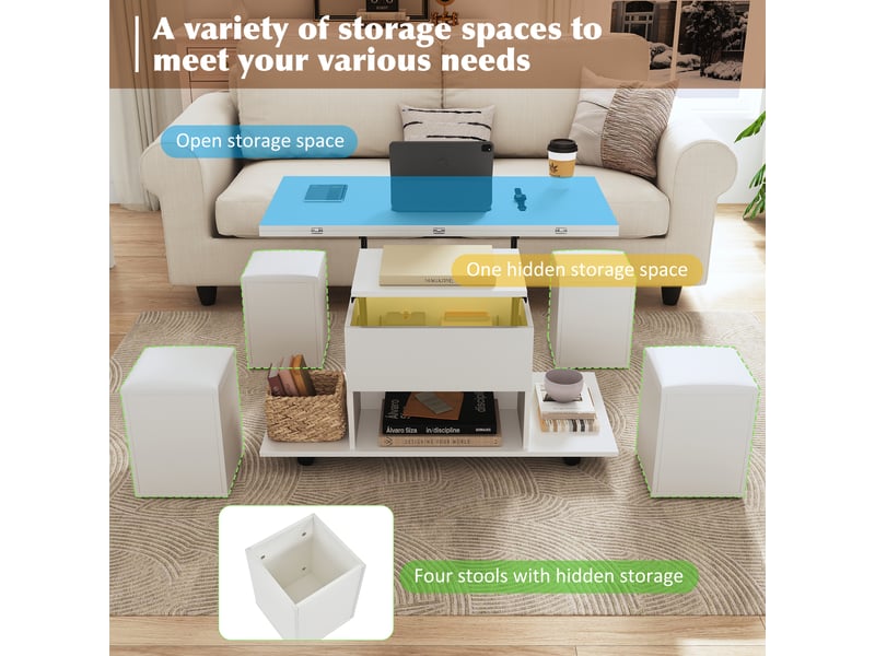 Table basse, à plateau relevable, convertible avec 4 tabourets, avec rangement intégré, 100 x 50 x h 48–63,5 cm, blanc, pour votre salon et séjour Luxe haut de gamme - Conforama D