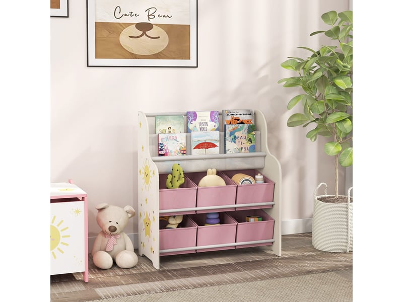  Meuble de rangement pour jouets avec 6 tiroirs en tissu et bibliothèque à 2 niveaux, bois et acier, 63 x 30 x 71 cm, rose  - Conforama C