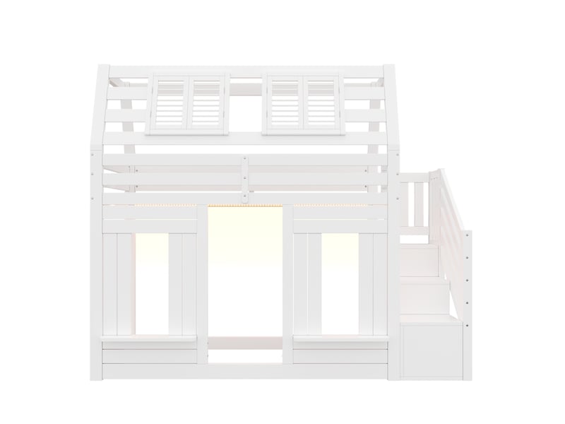  Lit superposé enfant 90x200cm, lit cabane mezzanine avec escalier de rangement, avec bande led connectée et fenêtre, blanc  - Conforama D