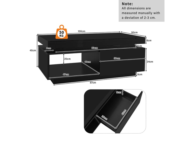  Table basse moderne laquée brillante avec éclairage led, 100 x 50 x 40,3 cm – table élégante avec tiroir et capacité de charge de 50 kg  - Conforama C