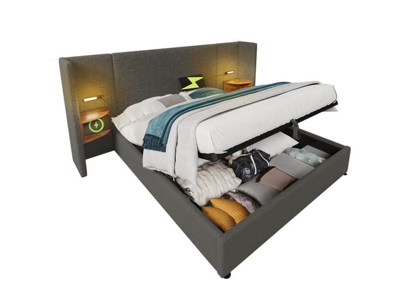 Lit rembourré 160x200 gris avec lampe de lecture, usb type-c et coffre de rangement - Conforama A