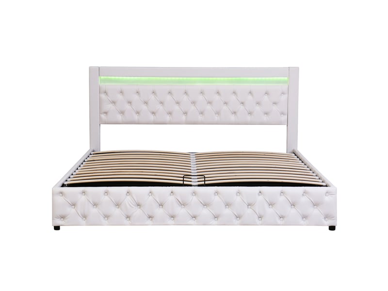  Lit 180x200 cm blanc sommier rangement intégré éclairage led sans matelas  - Conforama D