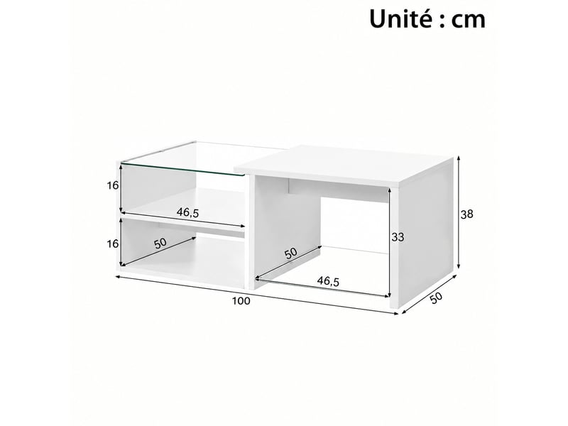 Table basse avec rangement et led, verre et plateau blanc brillant, 100 x 50 x 38 cm - Conforama C