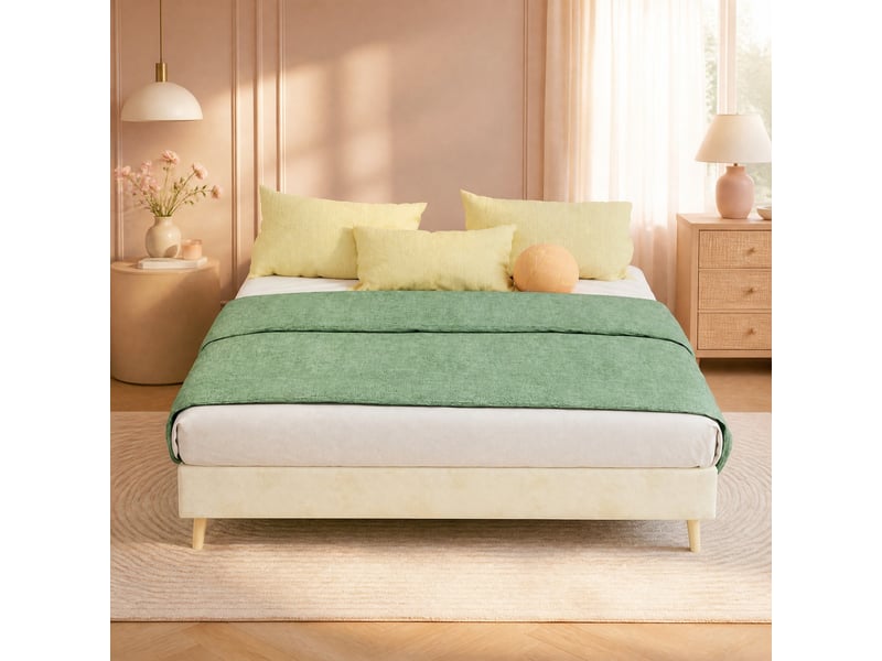  Cadre de lit 2 places 140x200 cm en tissu beige, style moderne  - Conforama B