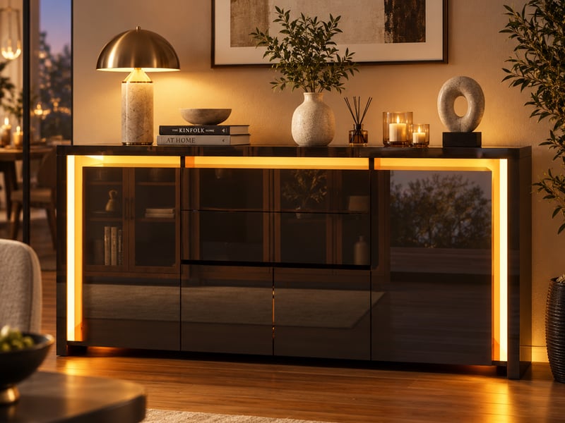  Buffet cuisine avec éclairage led, armoire de rangement avec 4 portes 2 tiroirs, buffet salon meuble salle à manger, 160 x 35 x 75 cm  - Conforama B