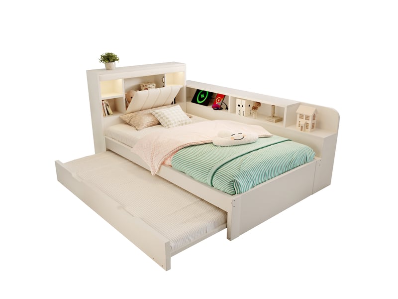  Lit gigogne 90x200 cm avec éclairage et usb, tête de lit avec rangement, bois, couleur blanc sans matelas  - Conforama A