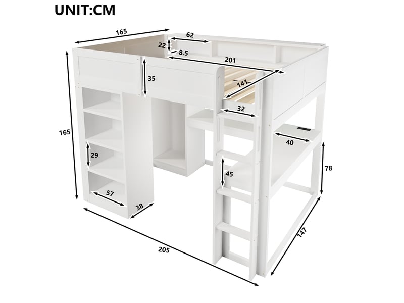  Lit mezzanine 140x200 cm avec bureau en l, armoire, étagères à 4 niveaux et espaces de rangement, espace de travail sous le couchage - blanc  - Conforama C