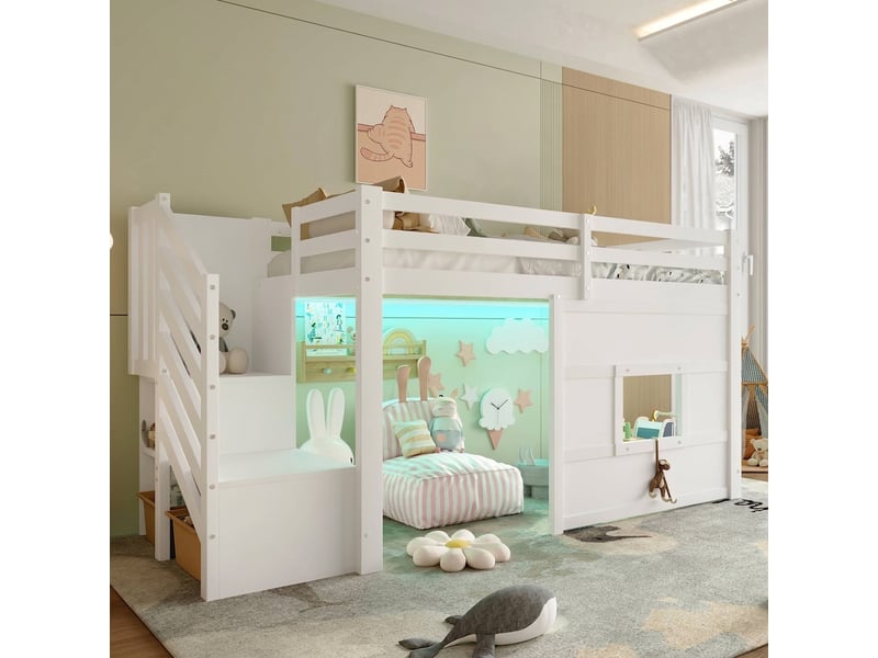  Lit mezzanine 90x200 avec escalier de rangement et fenêtre, éclairage led, blanc  - Conforama C