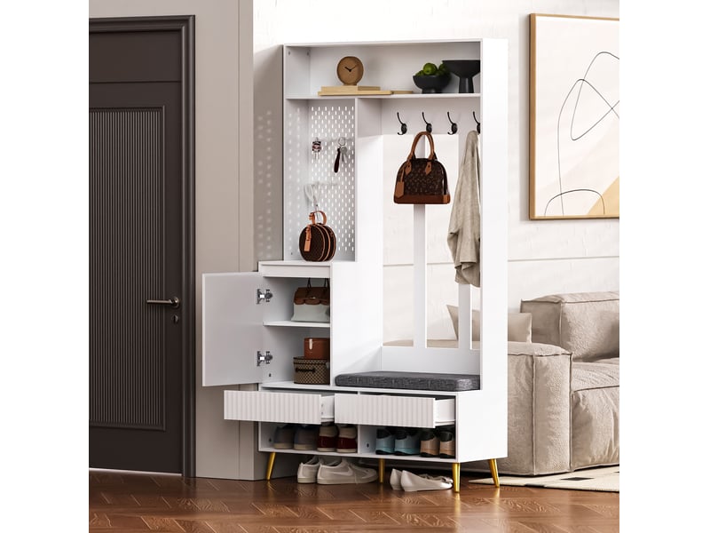  Vestiaire d'entrée ulevr 6-en-1 avec banc à chaussures, rangement, 4 crochets, 2 tiroirs et armoire, 100 x 35 x 180 cm, mdf blanc  - Conforama D
