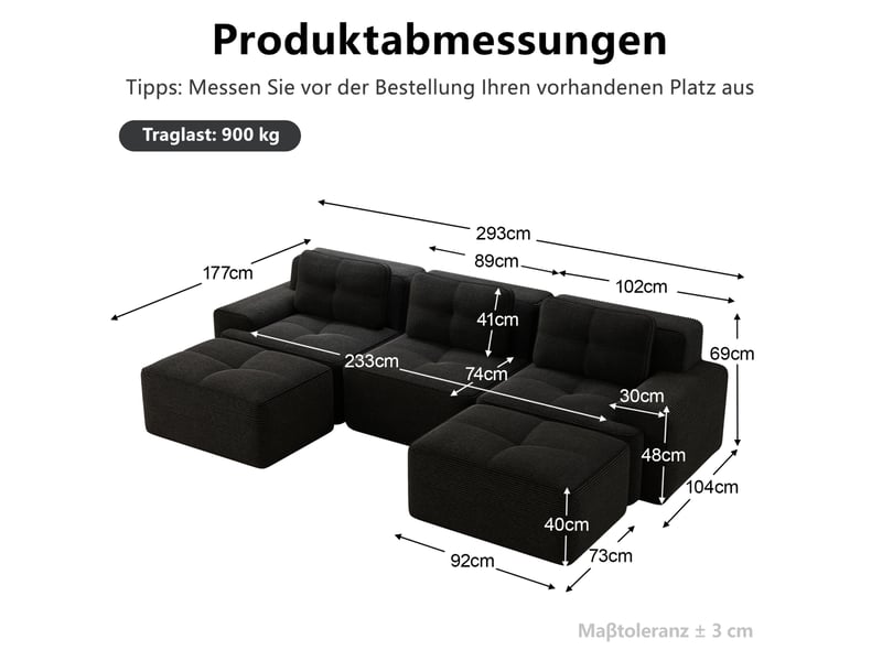  Canapé modulable en u 3 places en velours côtelé noir, confort profond et deux ottomans pour le salon  - Conforama C