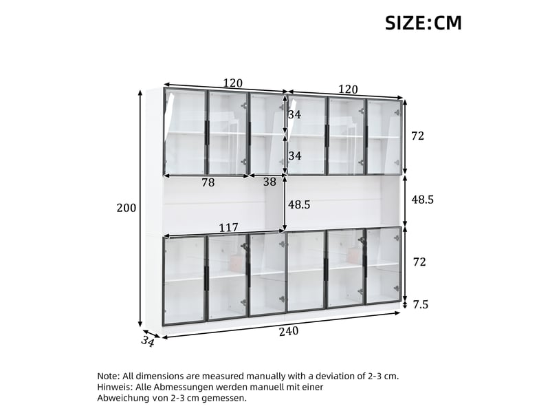  Vitrine blanche 240×34×200 cm avec led, 12 portes, espace ouvert et grand rangement multifonctionnel  - Conforama C