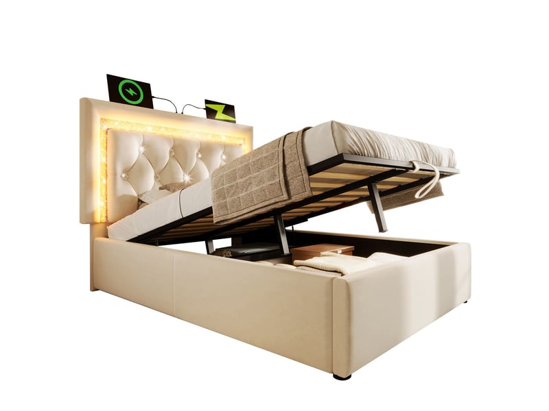  Lit coffre 90x200, coffre de rangement lit une personne, ouverture hydraulique, velours capitonné, led multicolore, ports usb type-c  - Conforama A