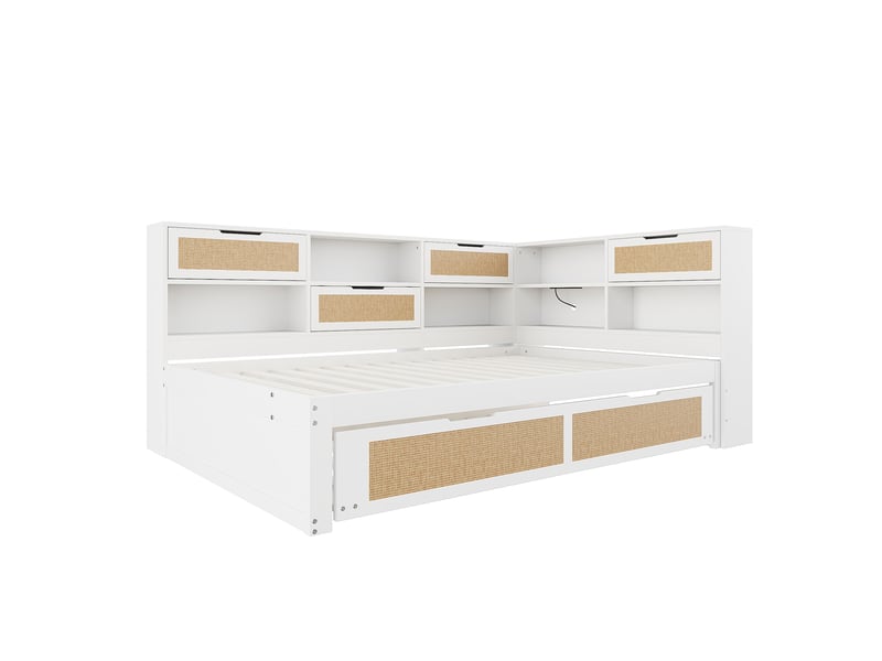  Canapé-lit en bois 140 x 200 cm avec couchage gigogne - rangements et ports usb, blanc  - Conforama W