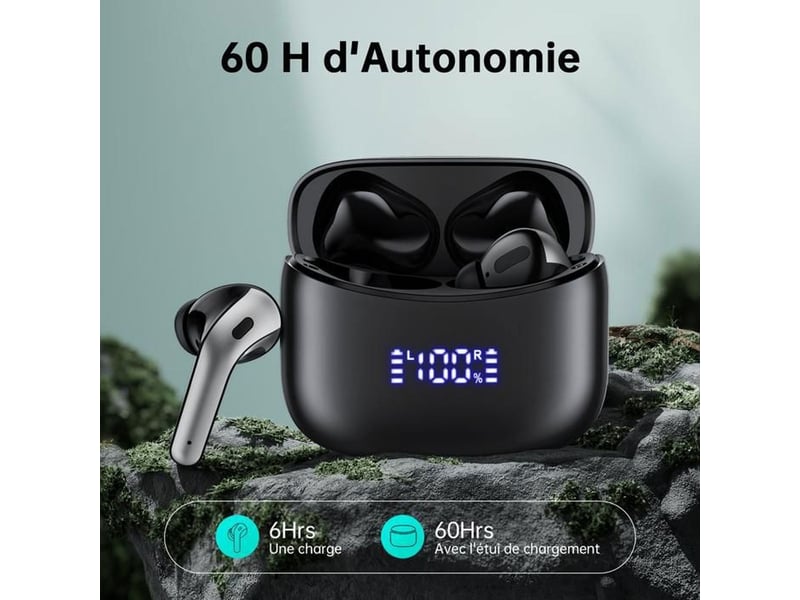  Ecouteurs bluetooth 5.3 sans fil true wireless noirs x15 avec micro et boitier led  - Conforama C