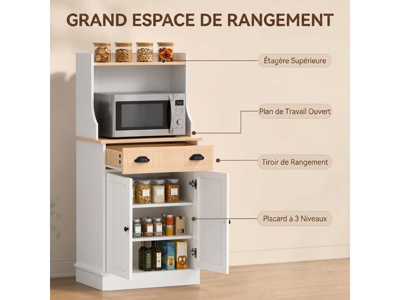  Meuble armoire micro-ondes pour cuisine avec espace ouvert 1 tiroir et placard 2 portes chêne 61 x 35 x 125,4 cm  - Conforama A