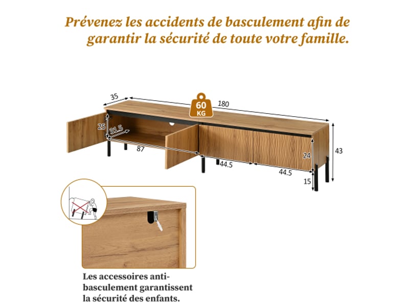  Meuble tv bas moderne à quatre portes ondulées - rangement câbles fermé, corps pb+mdf, pieds métal  - Conforama C