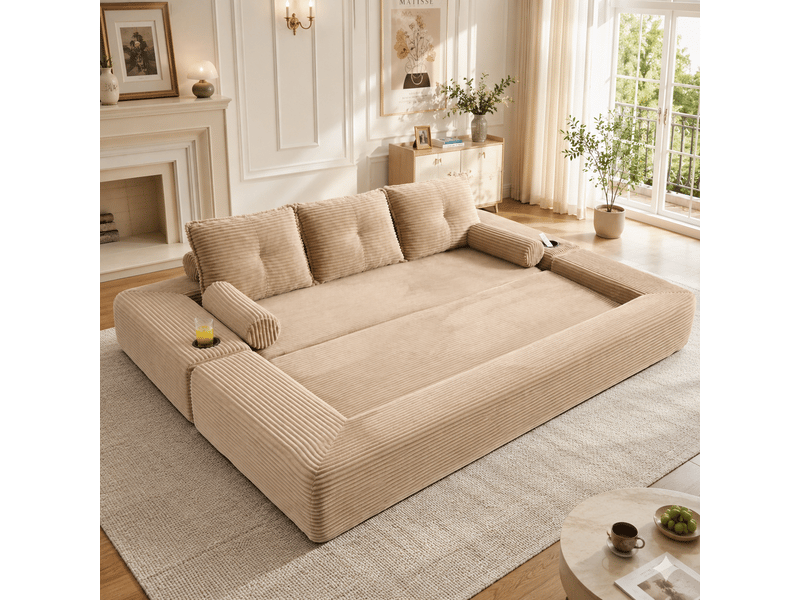  Canapé convertible 3 places en velours côtelé kaki avec porte-gobelet et poches latérales pratiques  - Conforama B