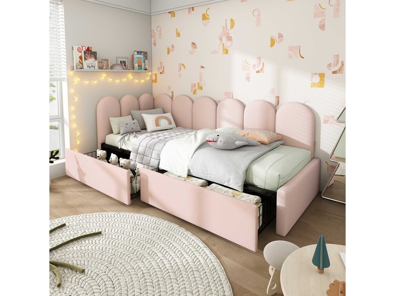  Lit banquette 90x190 cm avec 2 tiroirs sur roulettes, sommier à lattes, dossier en l, velours rose C-DEGAYUN - Conforama B