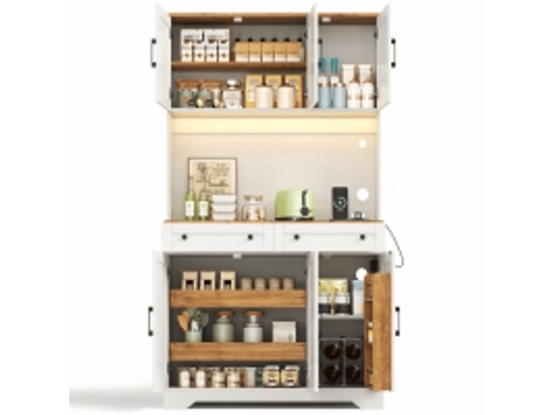  Buffet de cuisine en mdf 100x40x180 cm, organiseur coulissant, 2 tiroirs, balconnets de porte, led et prises usb  - Conforama A