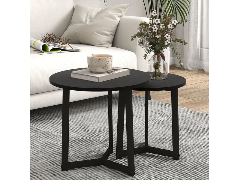 Tables basses gigognes rondes lot de 2 encastrables avec structure en acier laqué et plateaux mdf, noires, pour salon - Conforama C
