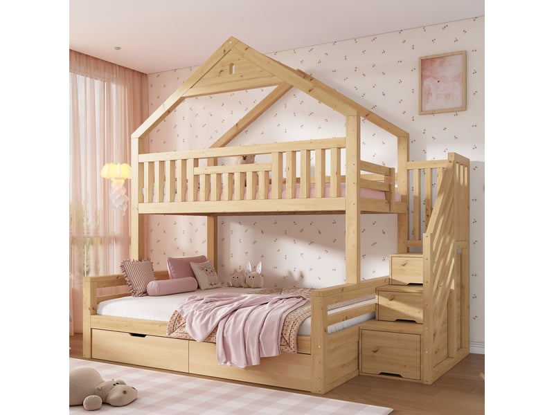  Lit superposé maison 90x200 et 140x200 cm, bois chêne, 2 tiroirs,certifié en 747 AB STORE - Conforama E