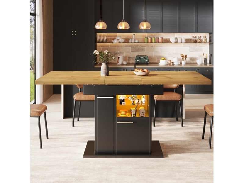  Table à manger extensible, 110-140x80x77,2 cm, avec espace de rangement led et tablettes, mdf et verre, coloris noir  - Conforama D