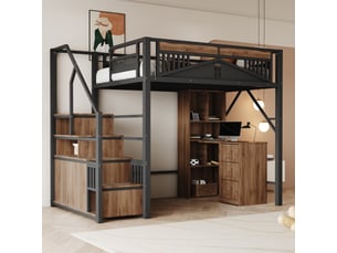 Lit mezzanine 140 x 200 cm avec escalier rangement, placard et garde-corps fenêtre, métal et bois, noir