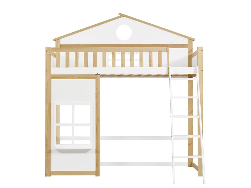  Lit mezzanine enfant 90 x 200 cm blanc et naturel, en pin et mdf, toit avec escalier à 5 marches  - Conforama D