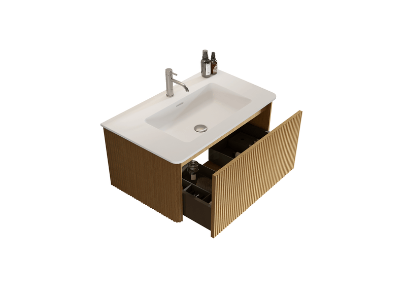  Meuble salle de bain suspendu 80 cm avec vasque - façade rainurée, 2 tiroirs, coloris chêne  - Conforama A